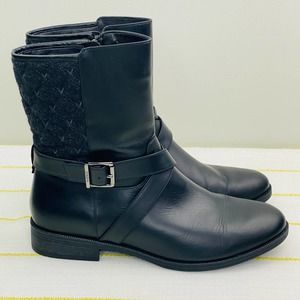 Vionic Thea Black Leather Quilted Boots Womens 8.5 Water Resistant Mid Calf Chic
